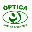 Logotipo verde para Óptica Huelva & Cartaya: texto sobre un ojo estilizado con formas curvas.