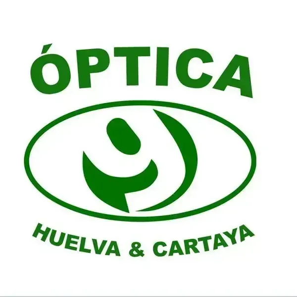 Logotipo verde para &Oacute;ptica Huelva & Cartaya: texto sobre un ojo estilizado con formas curvas.