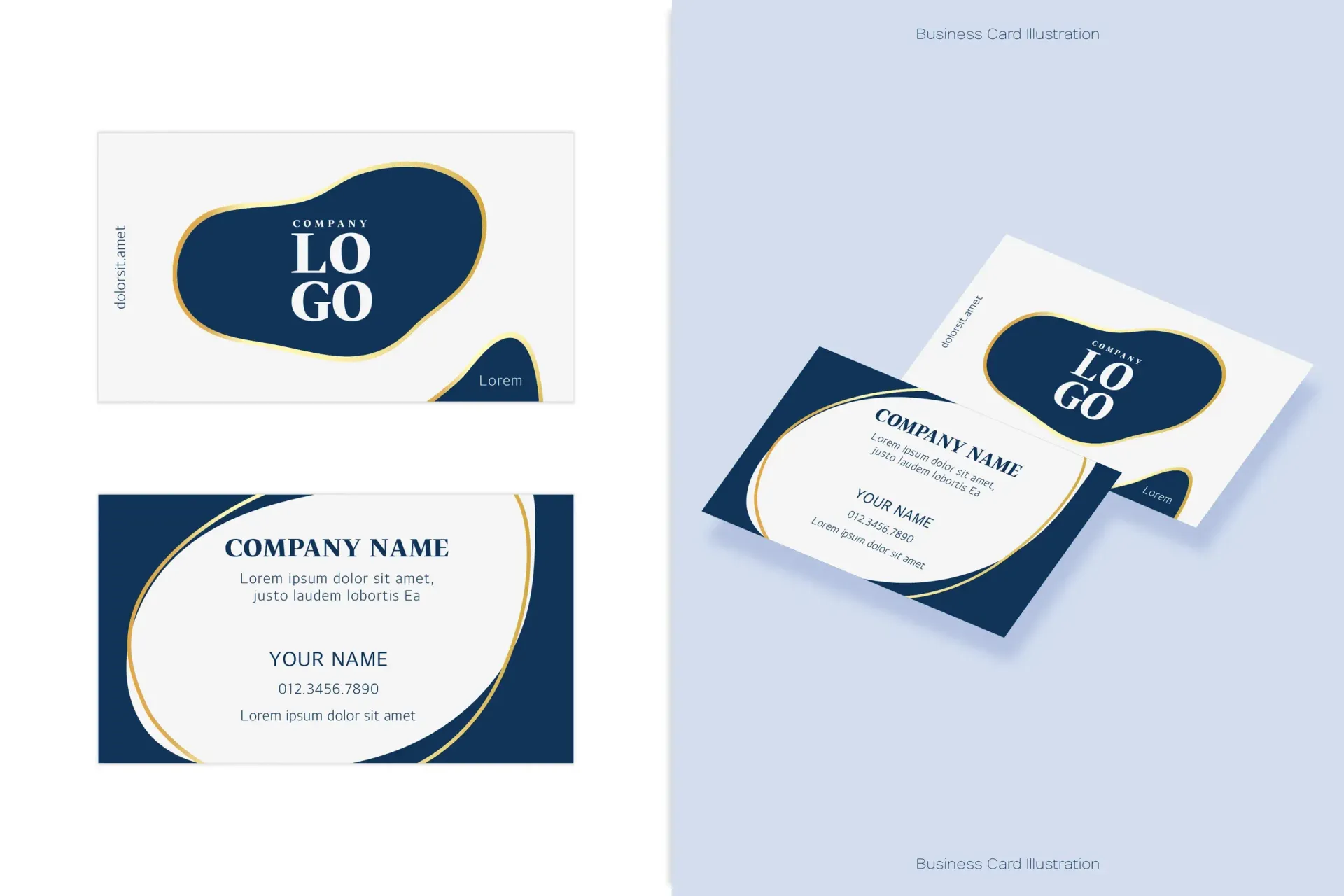 Maqueta de tarjeta de presentación, azul oscuro y blanco, con logotipo e información de contacto.