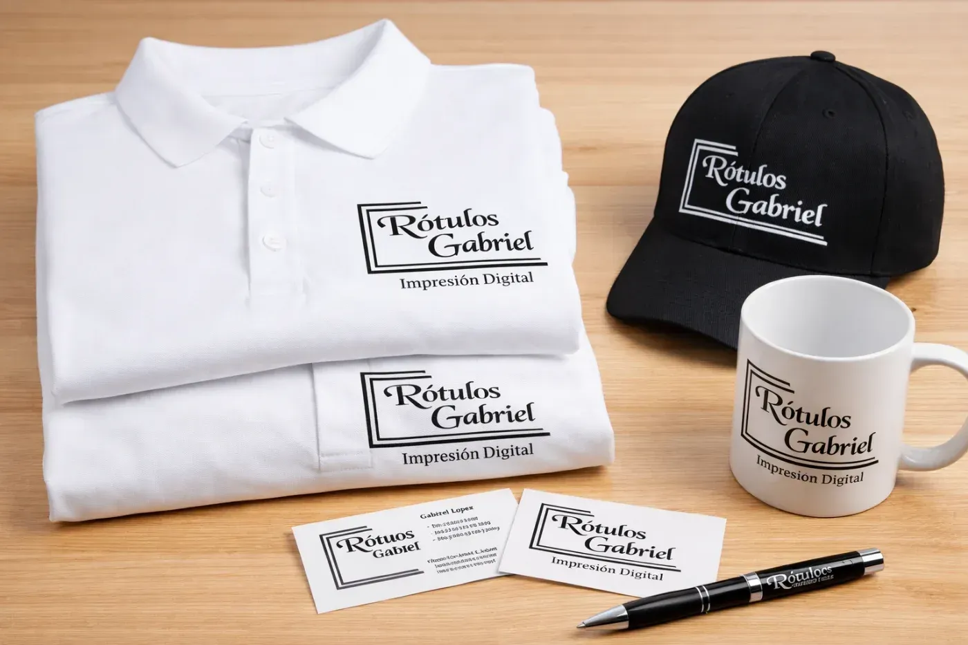 Polos blancos, una gorra negra y una taza con logo