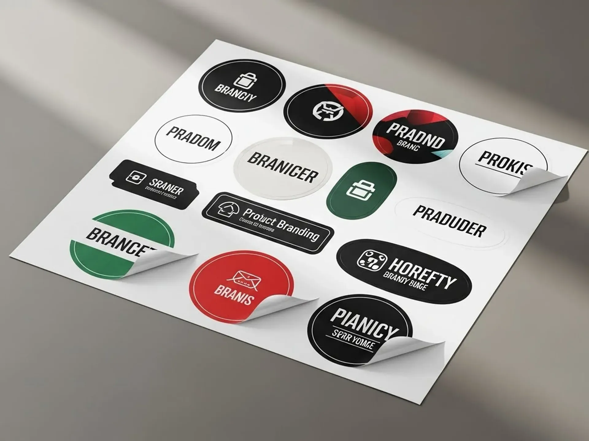 Hoja de pegatinas con logotipos de empresas en varias formas y colores, algunas despegables.