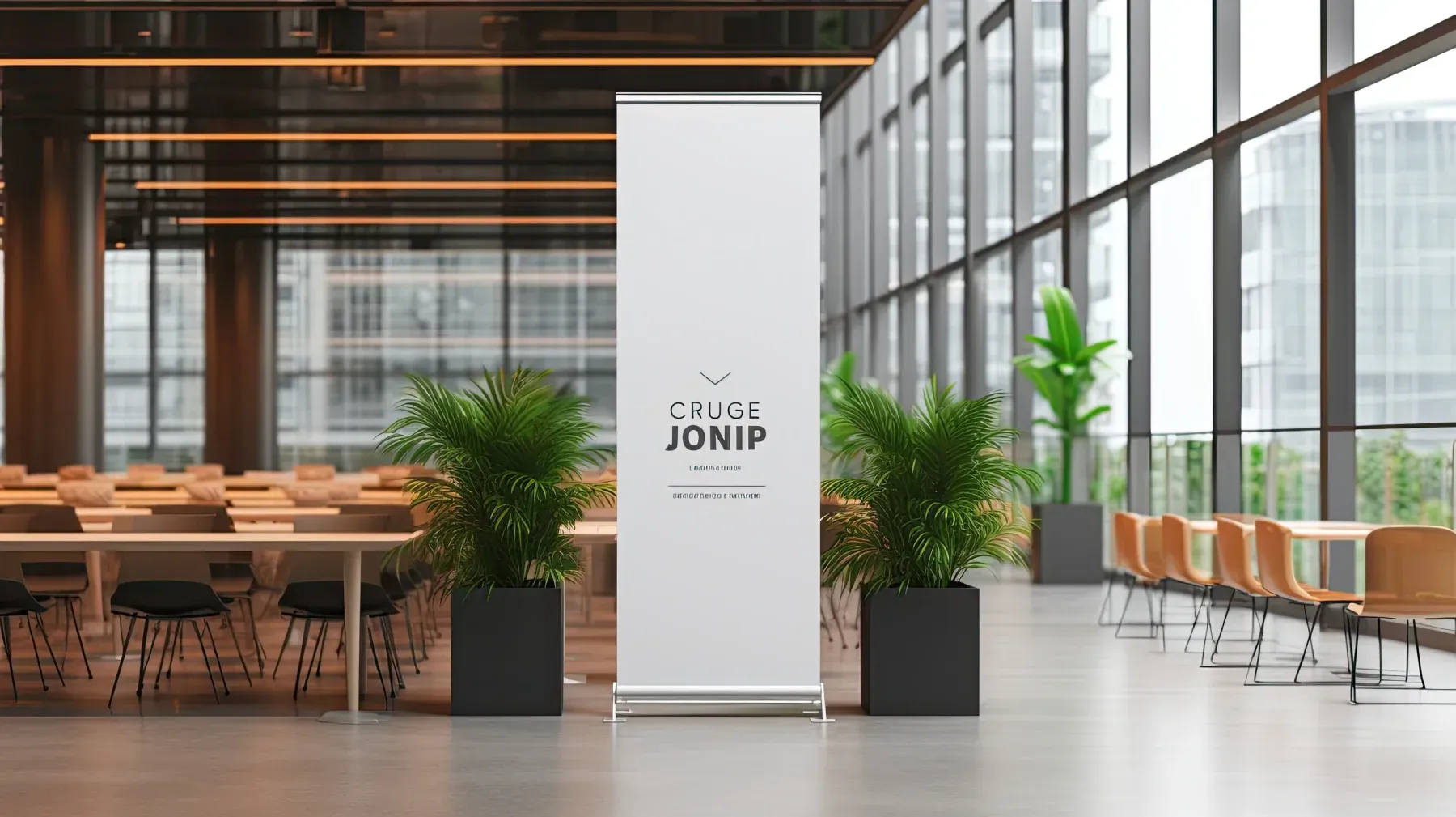 Banner enrollable centrado en un espacio de oficina moderno, flanqueado por plantas en macetas, con mesas y sillas al fondo.