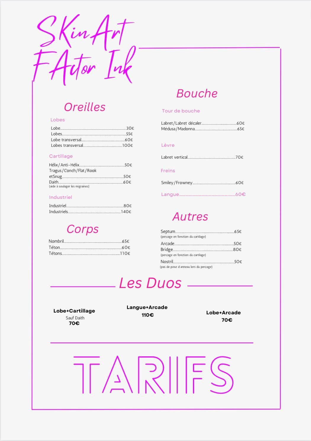 Brochure tarifaire pour la partie piercing