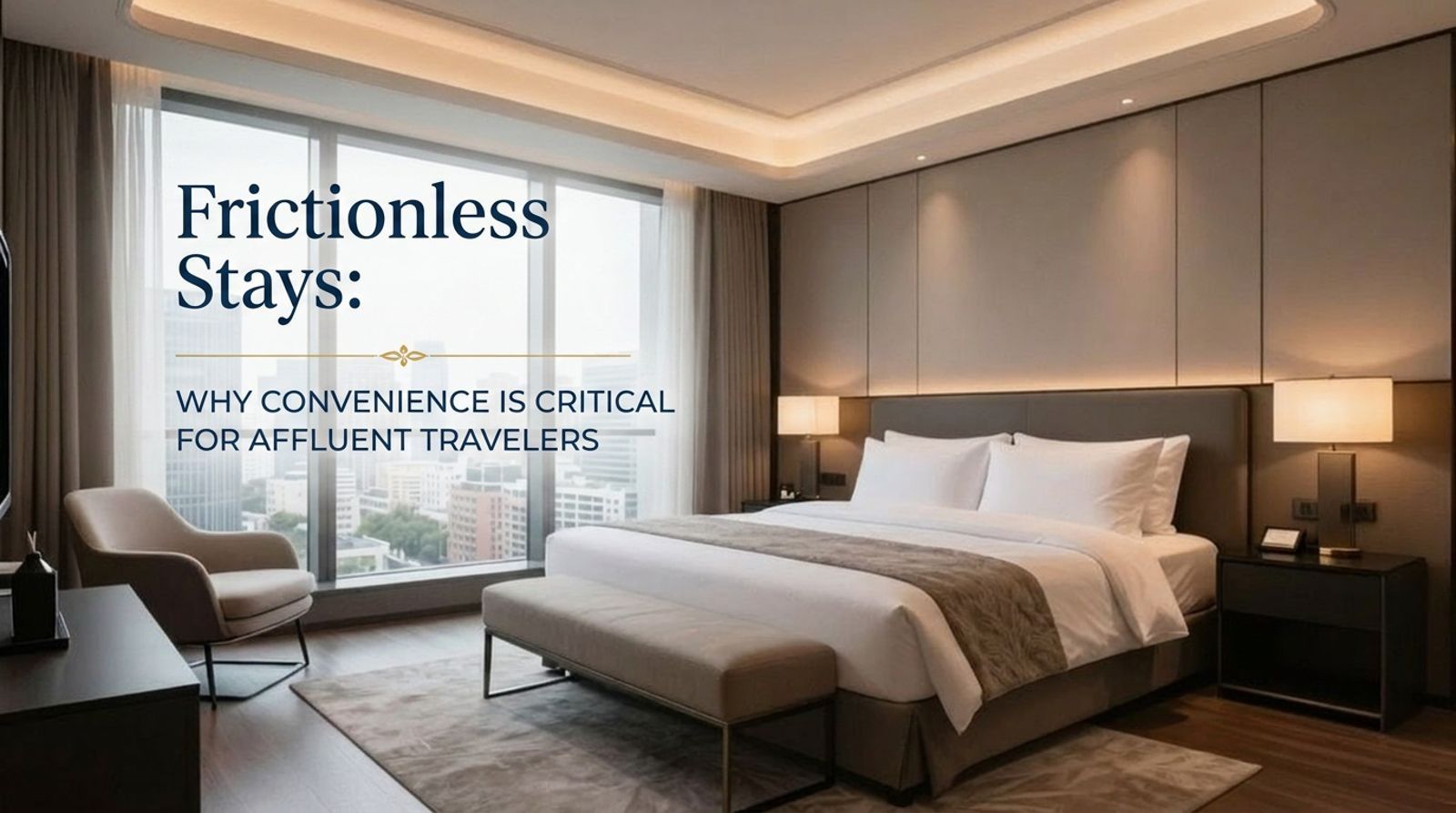 Modern hotel room with bed, desk, and large window; text reads βFrictionless Staysβ and βWhy Convenience is Critical for Affluent Travelersβ