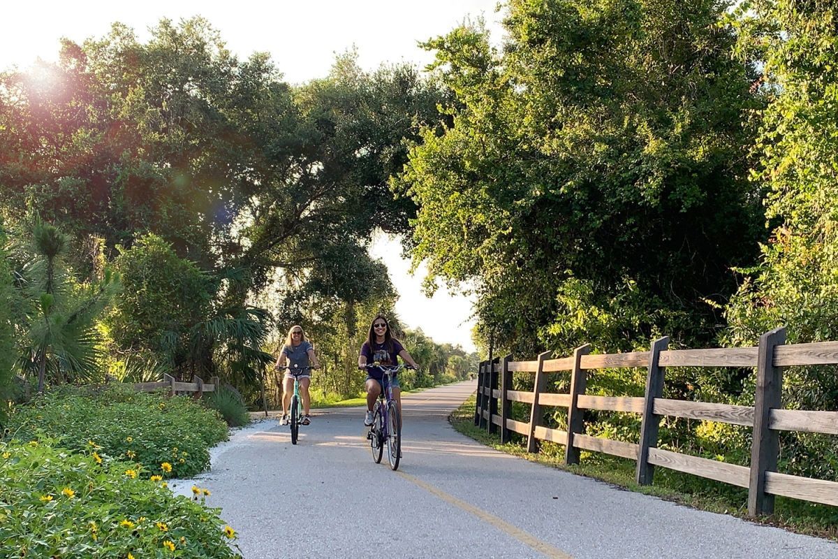 Two people ride bicycles along a paved trail lined with trees and a wooden fence during a sunny day.