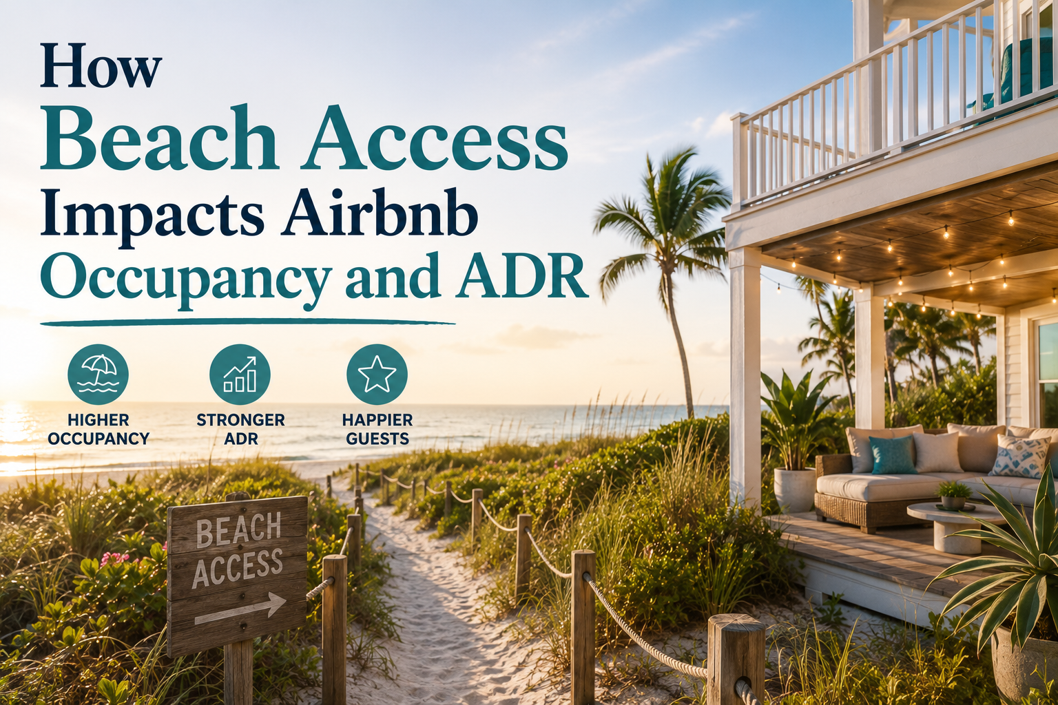Beachside staircase with text overlay: “How Beach Access Impacts Airbnb Occupancy and ADR”