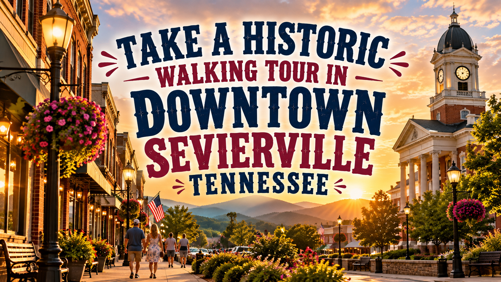 Historic walking tour sign over downtown Sevierville, Tennessee street at sunset, with lit storefronts and tower
