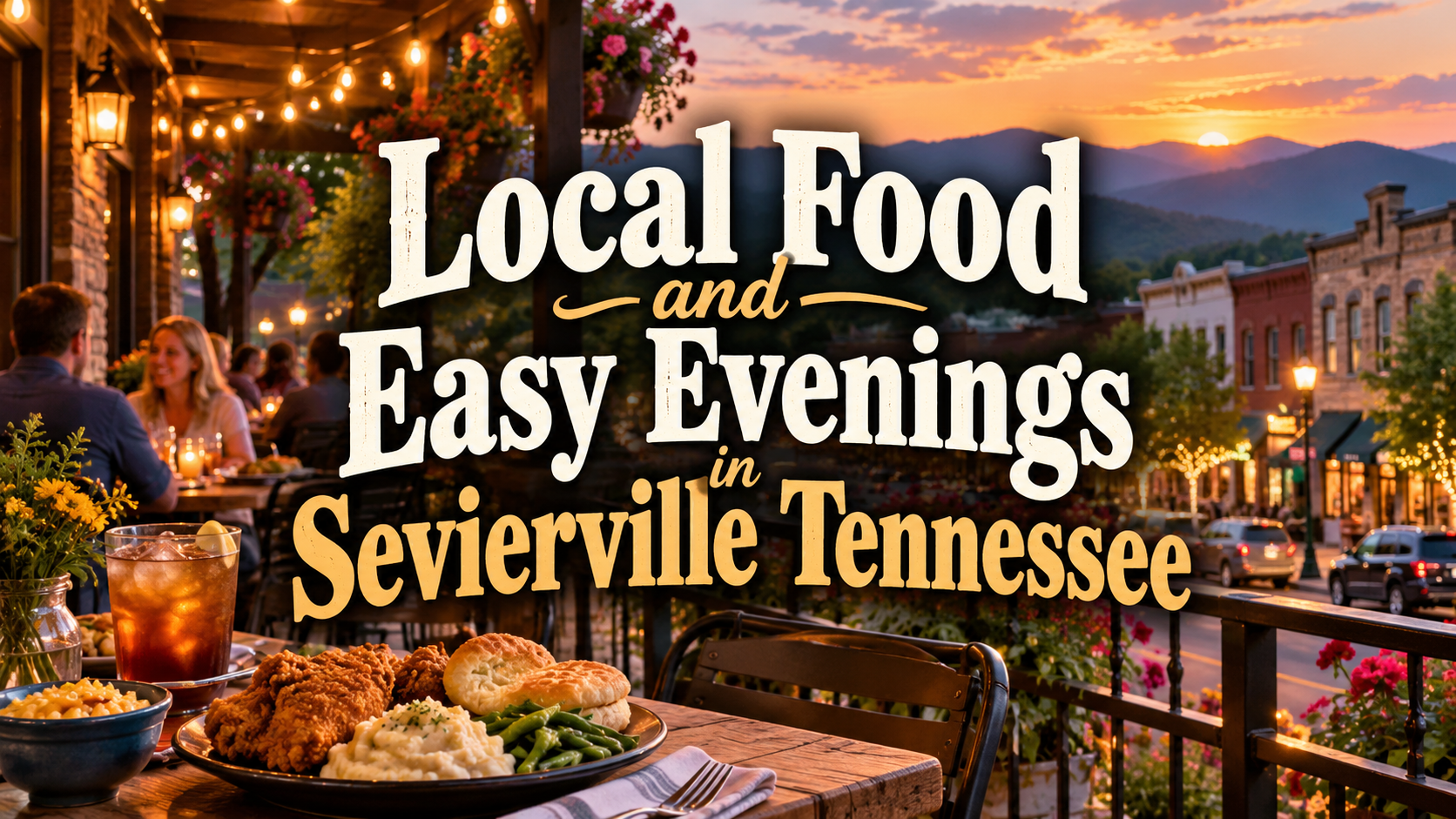 Local food and easy evenings in Sevierville, Tennessee, with a sunset dining patio scene