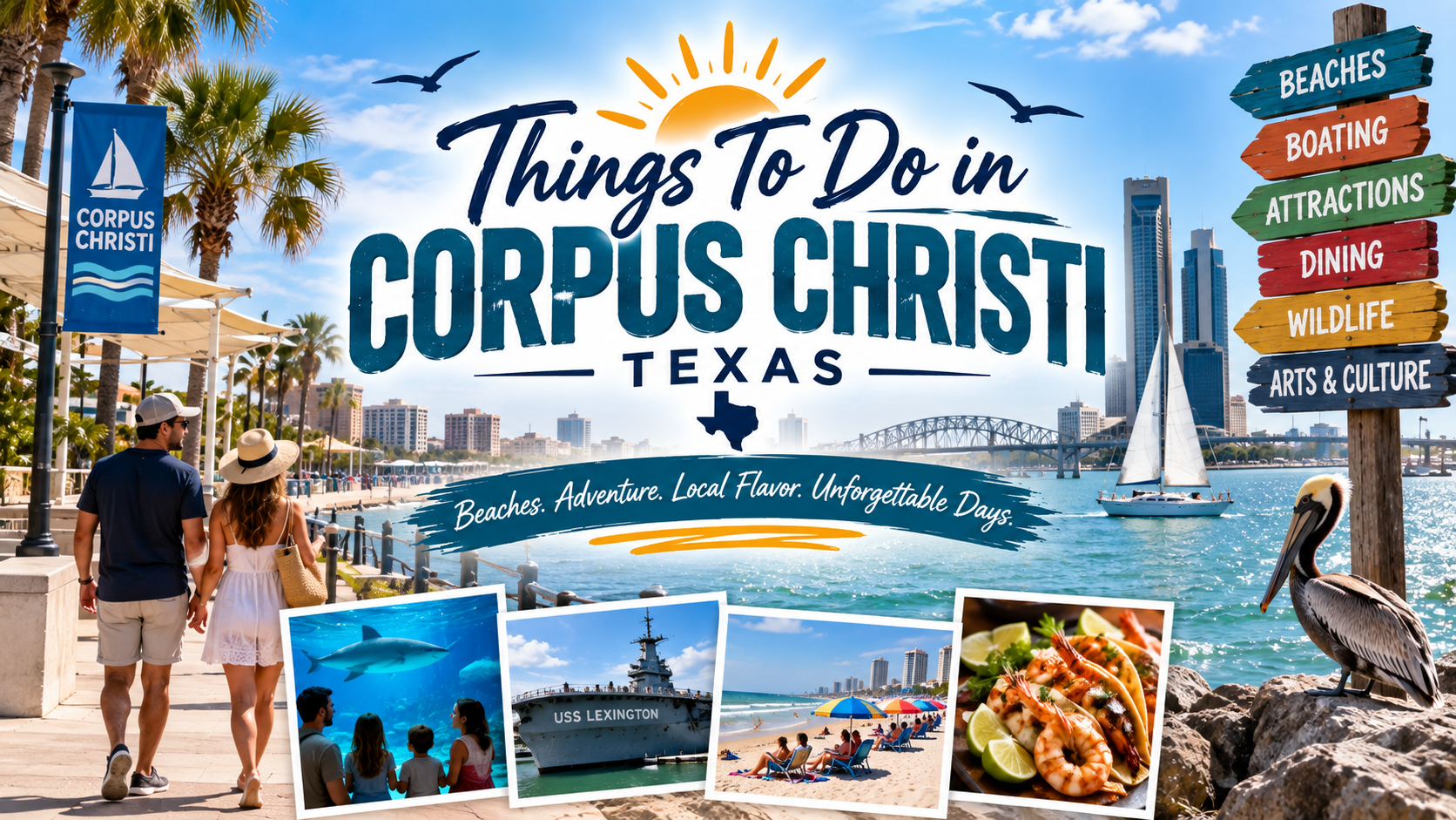 Corpus Christi, Texas travel poster with beach, bay, sailboat, pelican, and colorful destination signs