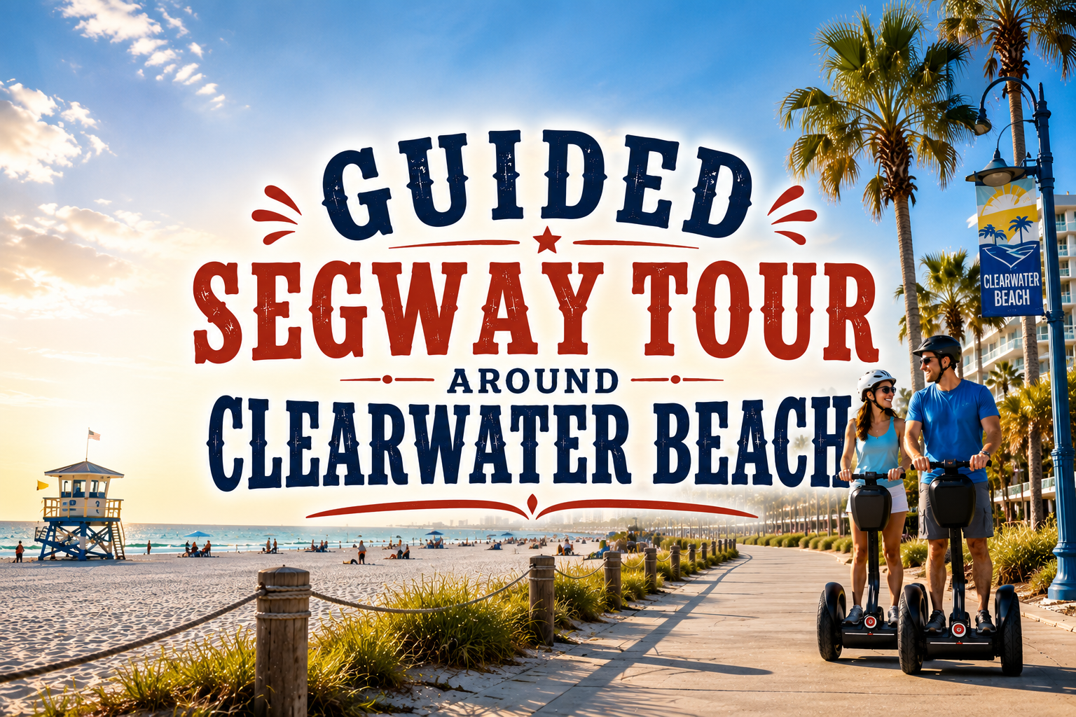 Guided Segway tour along Clearwater Beach with two riders by the waterfront at sunset
