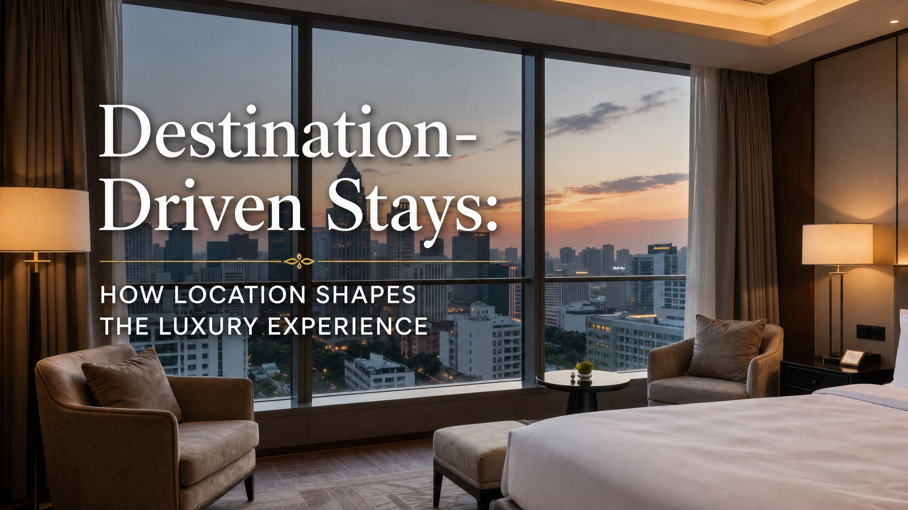 Luxury hotel room with city skyline at sunset and text: “Destination-Driven Stays: How Location Shapes the Luxury Experience”
