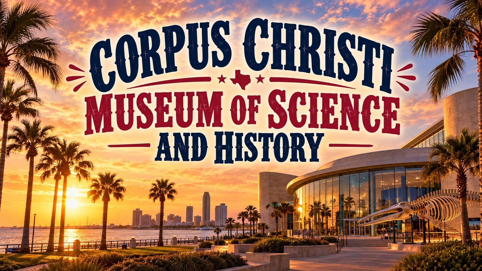 Corpus Christi Museum of Science and History sign at sunset over a waterfront city scene