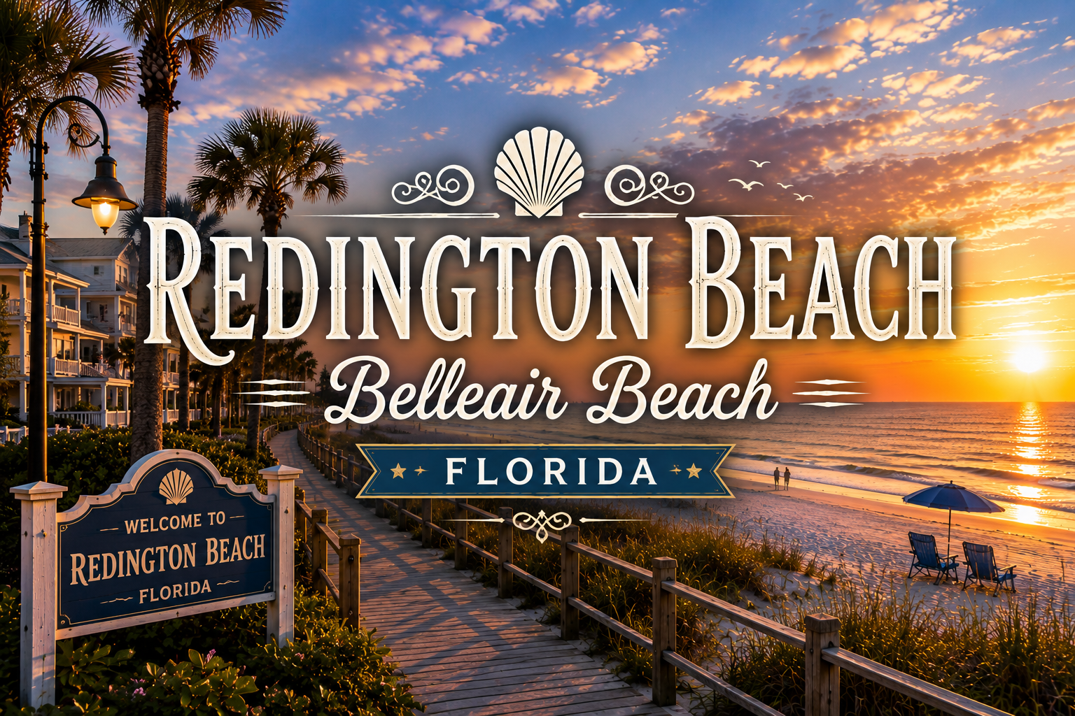Redington Beach postcard at sunset with beach, ocean, boardwalk, and resort sign in warm orange and blue tones