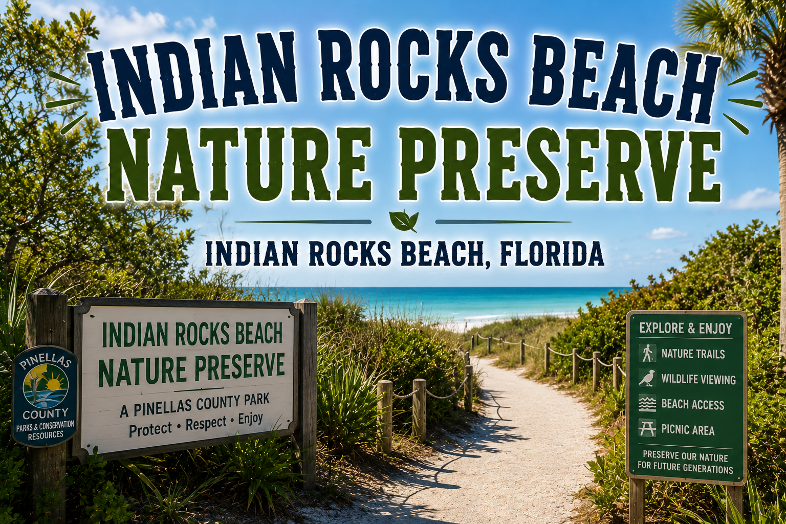 Entrance signs for Indian Rocks Beach Nature Preserve along a sandy path under a blue sky