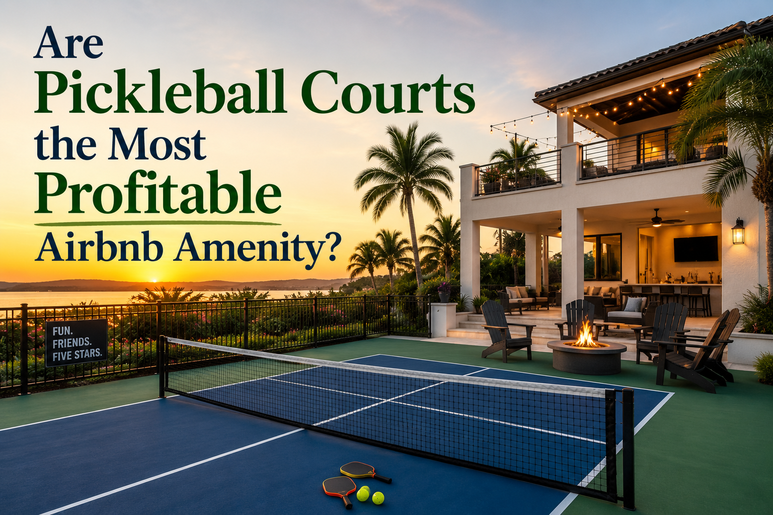 Luxury home at dusk with a lit pickleball court and palm trees, overlaid with the text “Are Pickleball Courts The Most Profitable Airbnb Amenity?”