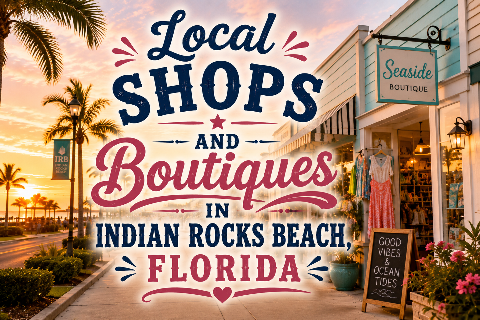 Local shops and boutiques in Indian Rocks Beach, Florida, with palm trees and seaside storefronts at sunset