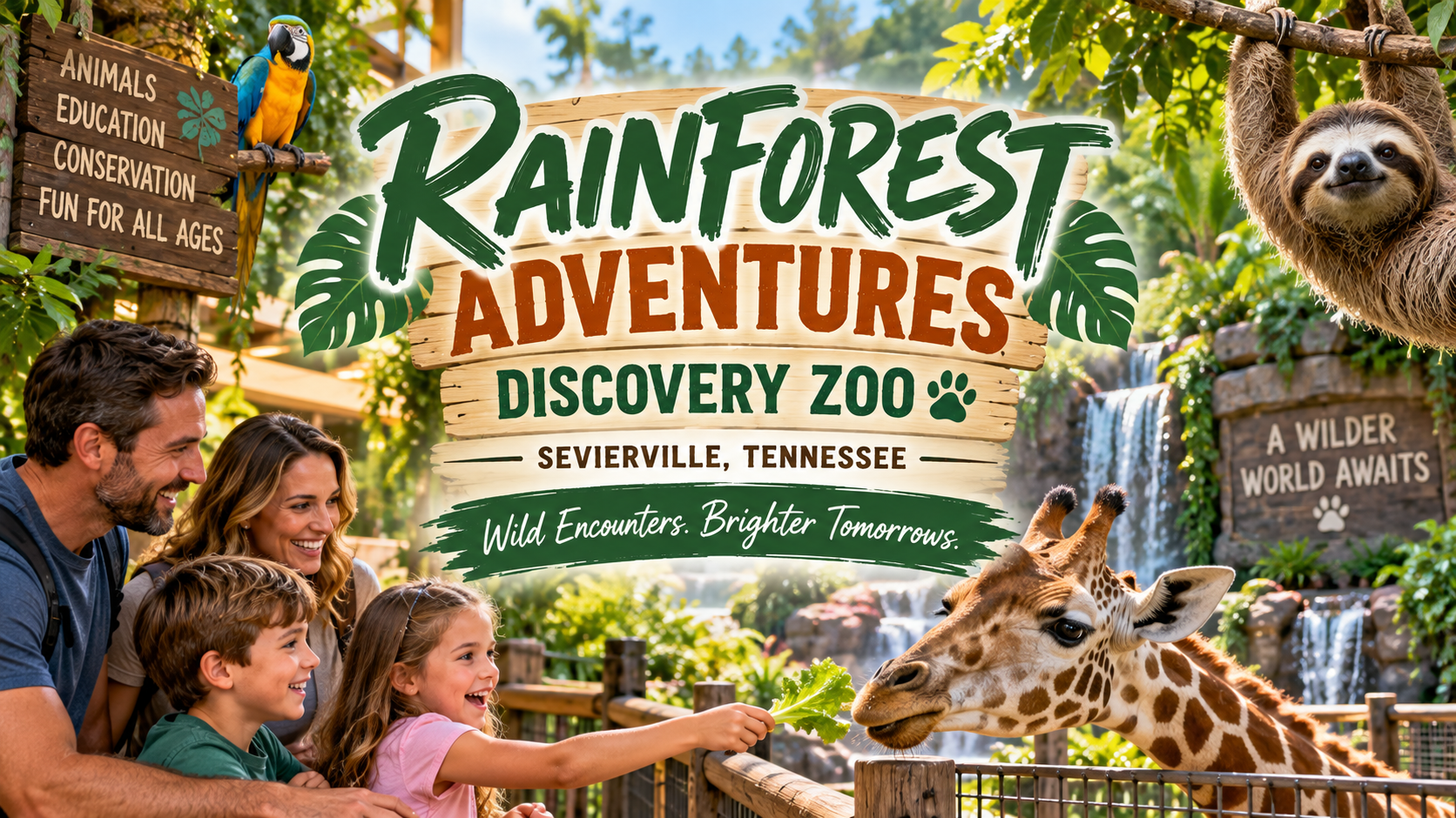 Rainforest Adventure Discovery Zoo sign with family feeding giraffes and monkeys in a lush wildlife park