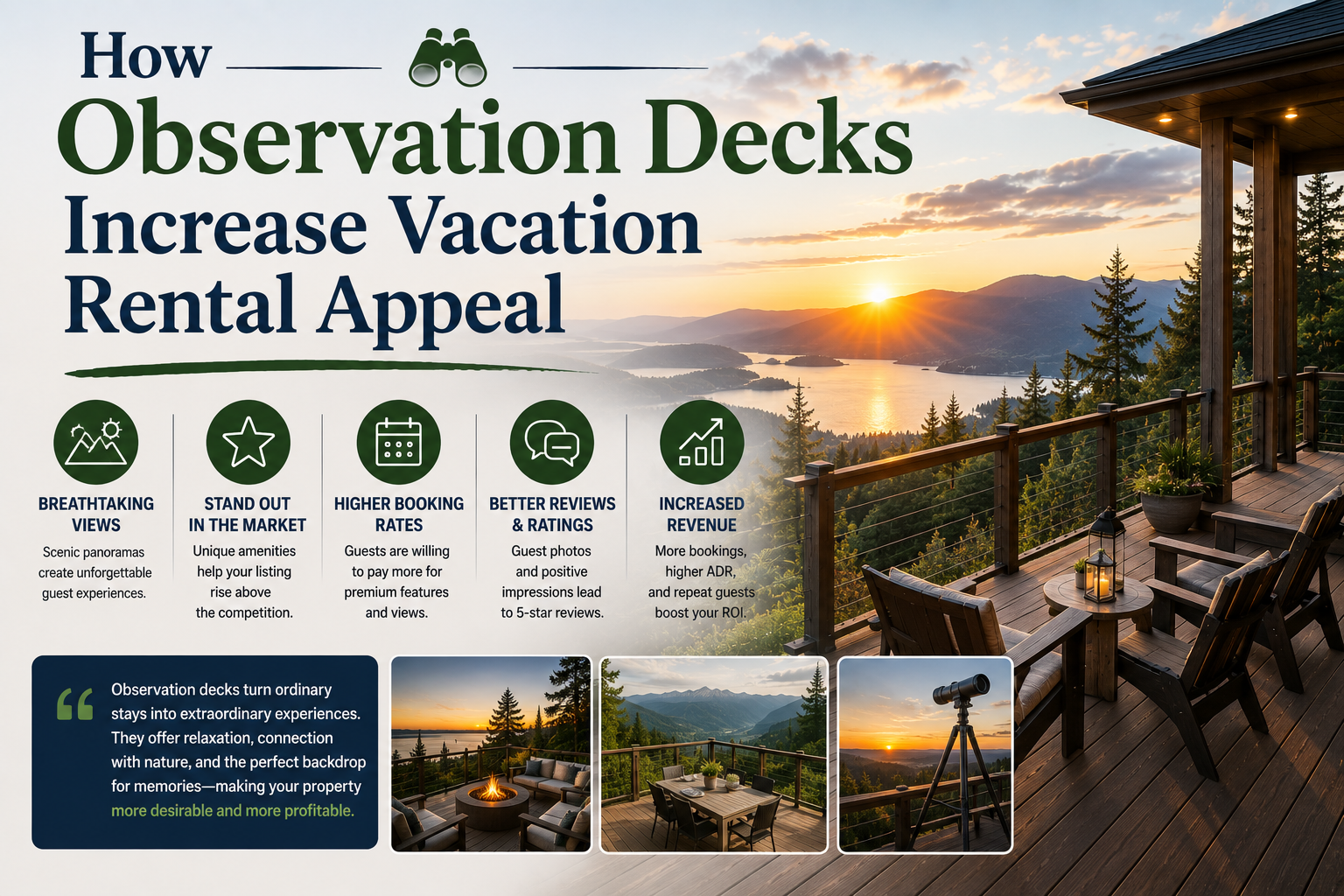 Infographic about how observation decks increase vacation rental appeal, with sunset deck views and icons.