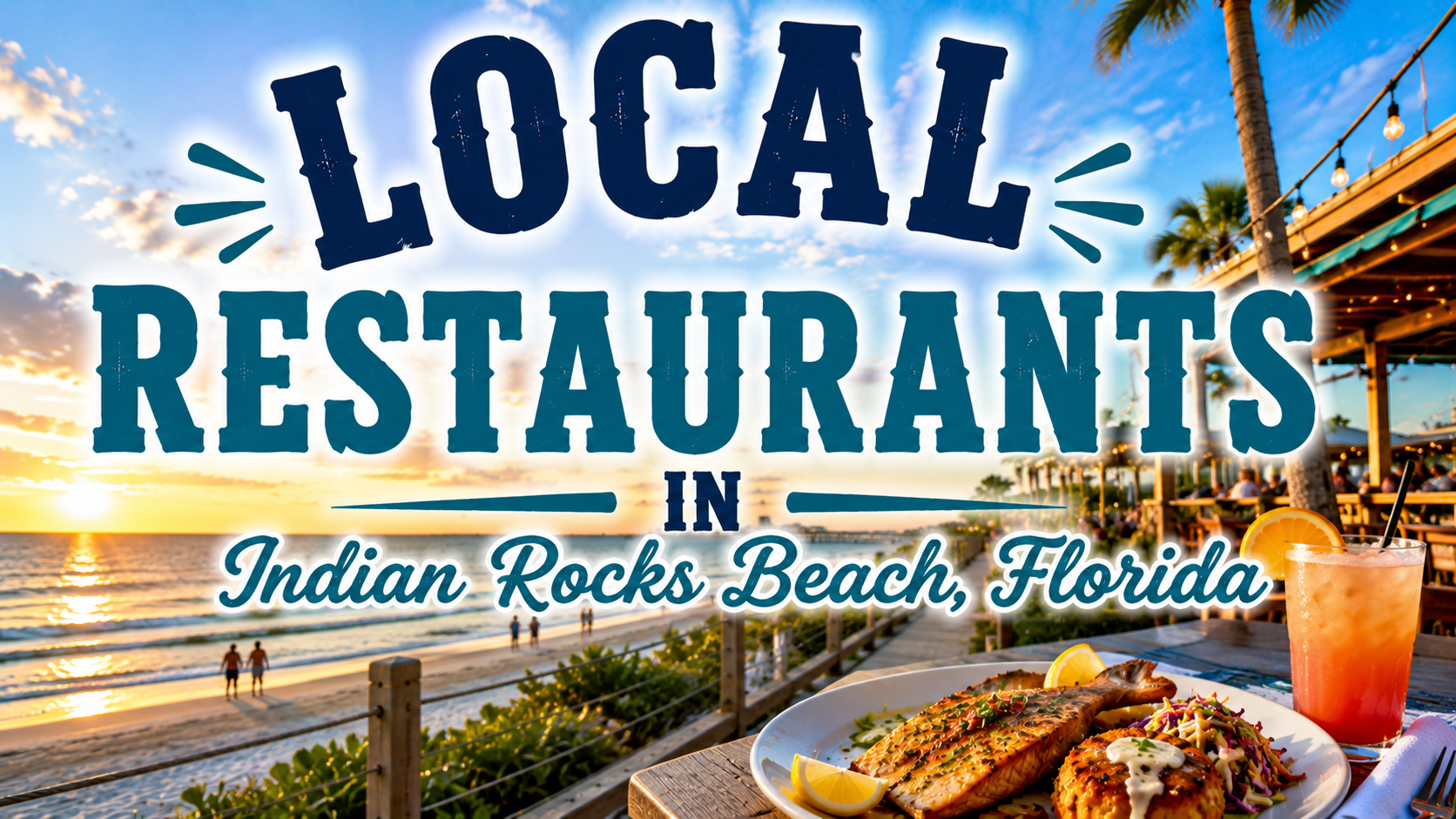 Local restaurants in Indian Rocks Beach, Florida, with sunset over the coast and plated seafood.