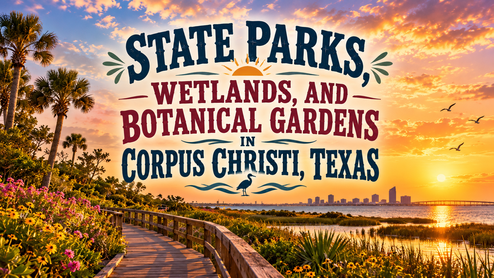 State parks wetlands and botanical gardens sign over a sunset boardwalk in Corpus Christi, Texas