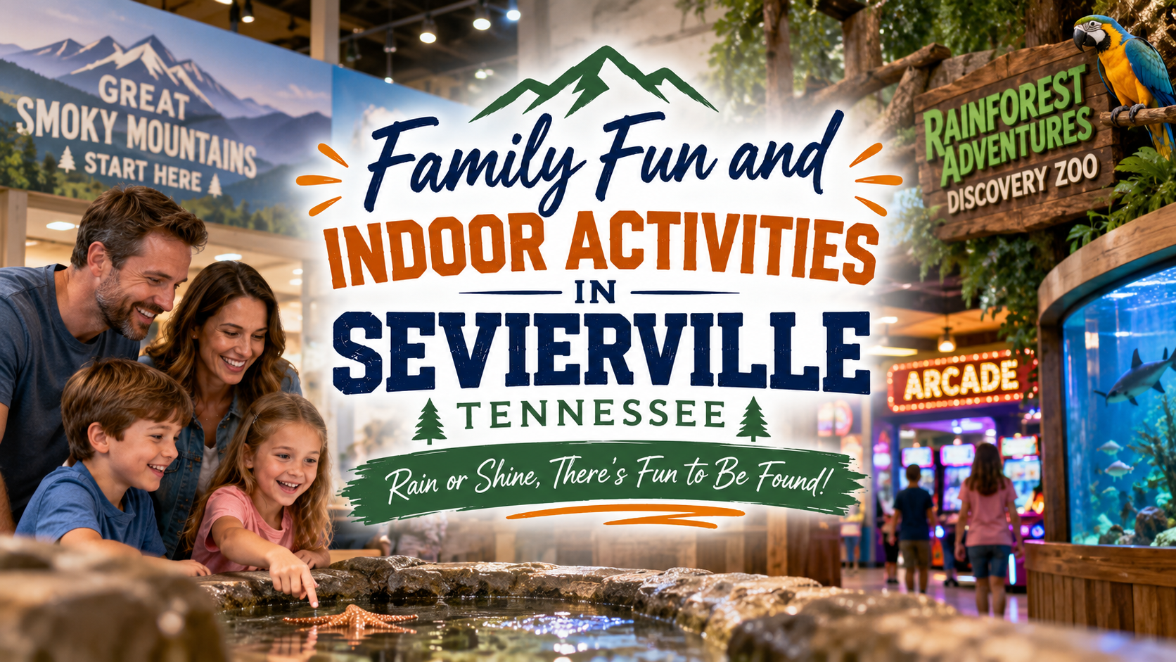 Sevierville Tennessee travel sign with family at Great Smoky Mountains and indoor activities text