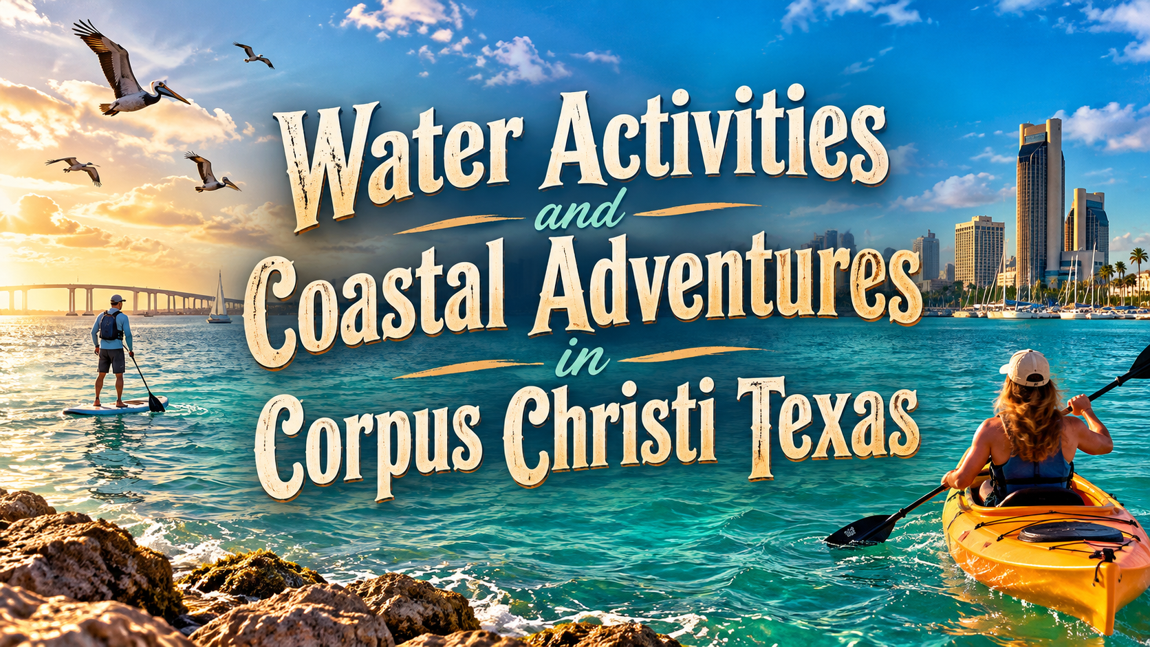 Promotional graphic for water activities and coastal adventures in Corpus Christi, Texas, with ocean, kayaker, and skyline