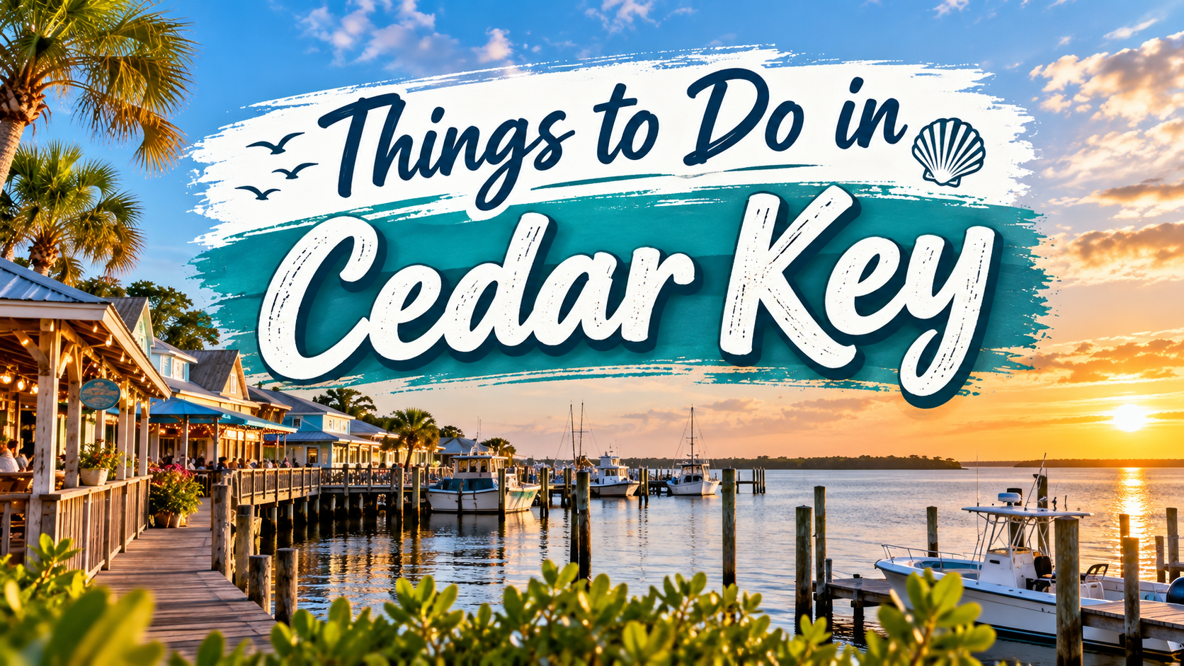 Sunset harbor scene with docks and palm trees, overlaid text: “Things to Do in Cedar Key”