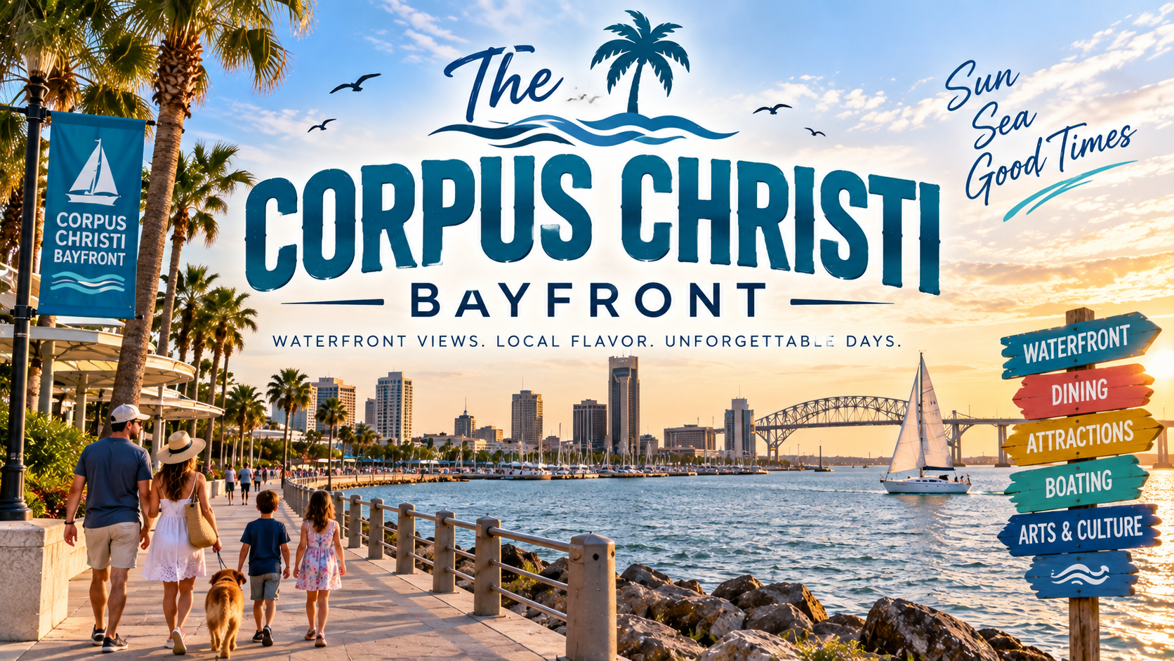 Corpus Christi Bayfront sign with waterfront skyline, palm trees, and people walking along the promenade
