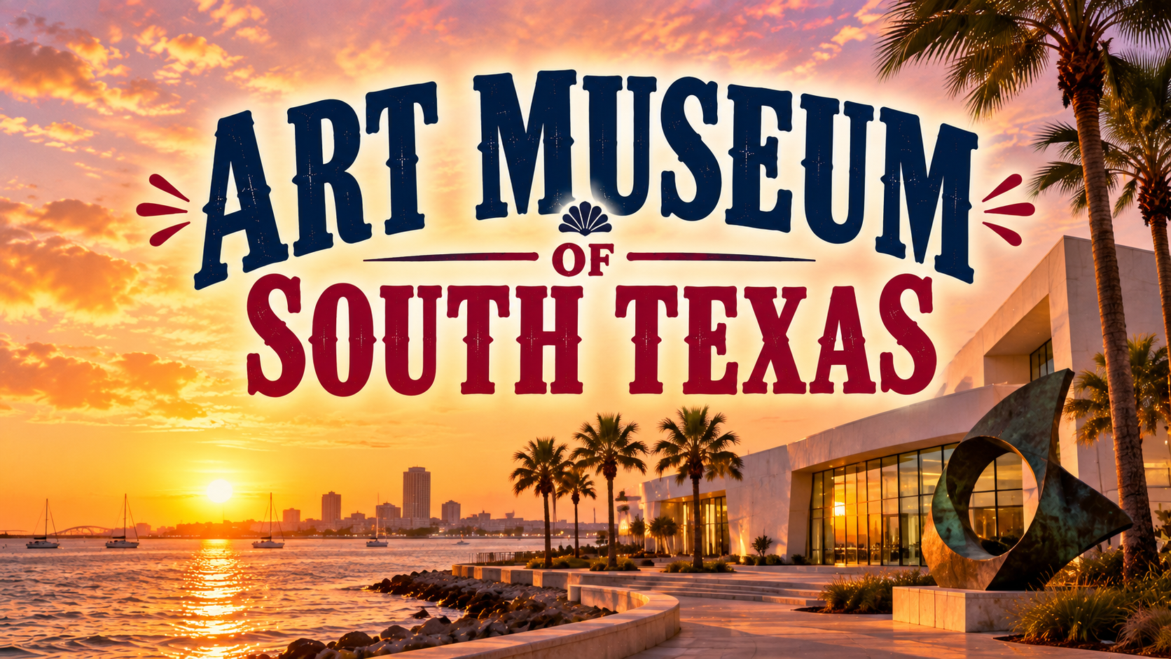 Art Museum of South Texas logo over a sunset waterfront cityscape with palm trees and a modern building