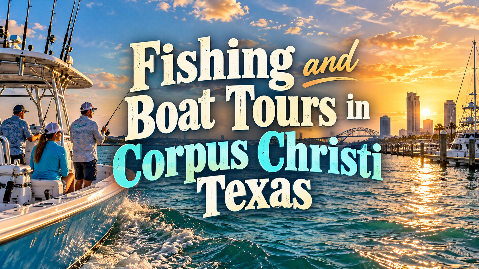 Fishing and boat tours in Corpus Christi, Texas, with people on a boat at sunset.