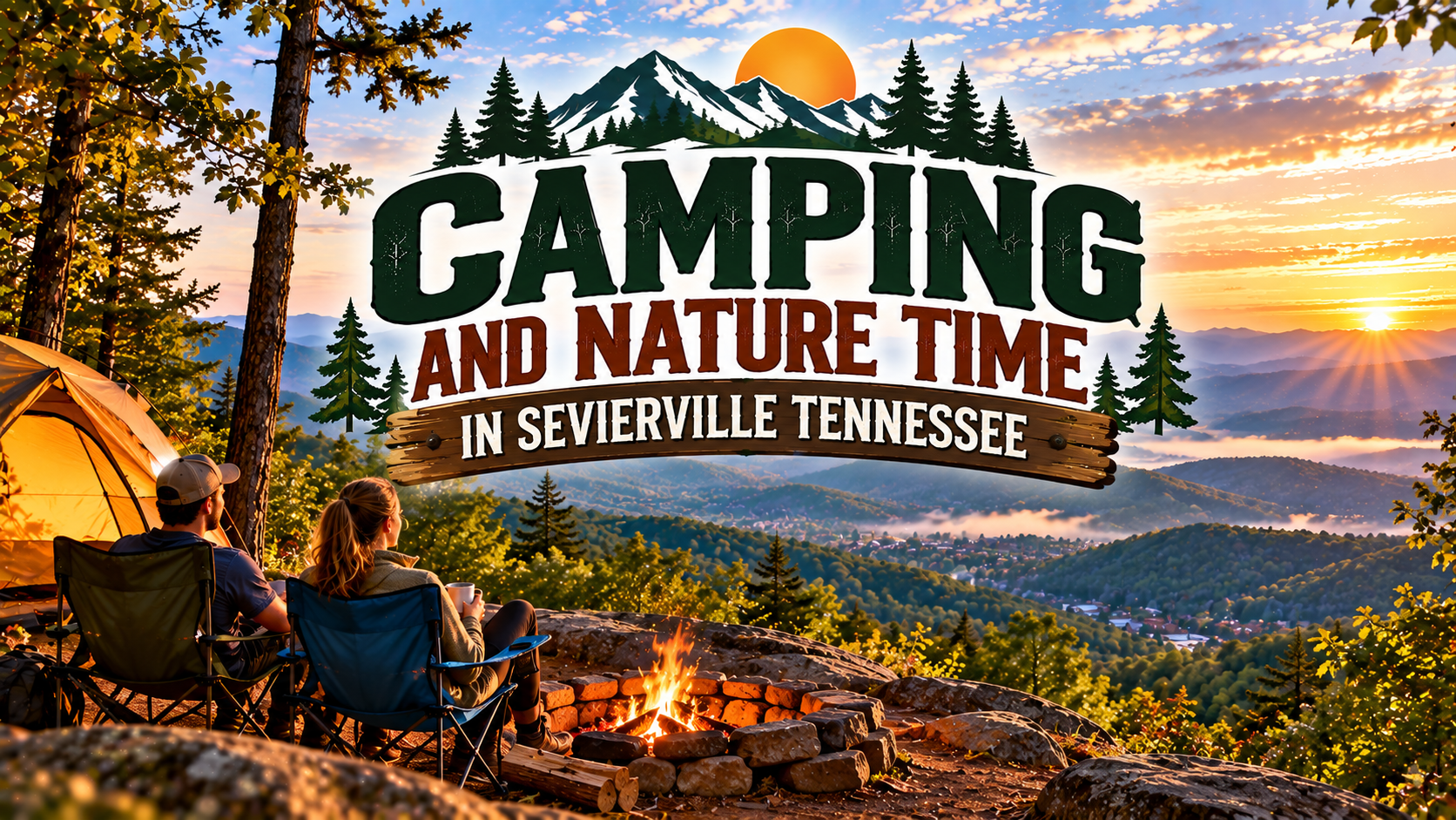 Campfire and tent in a Smoky Mountains sunset with “Camping and Nature Time in Sevierville Tennessee” text