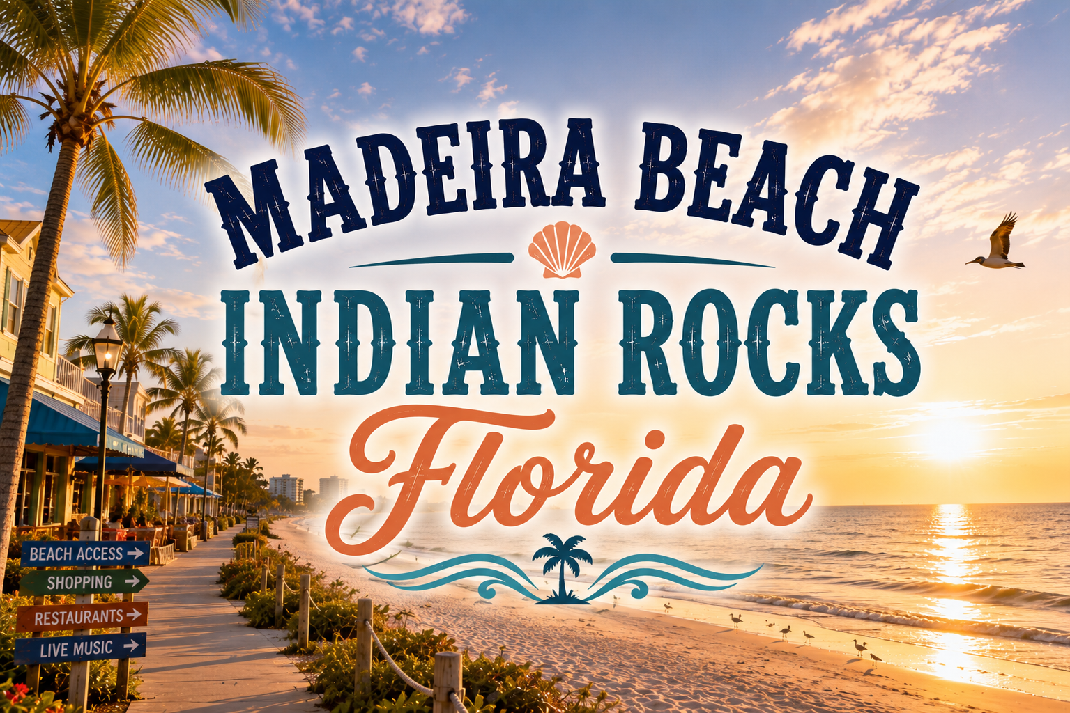 Madeira Beach Indian Rocks Florida beach sunset sign with palm trees and ocean waves