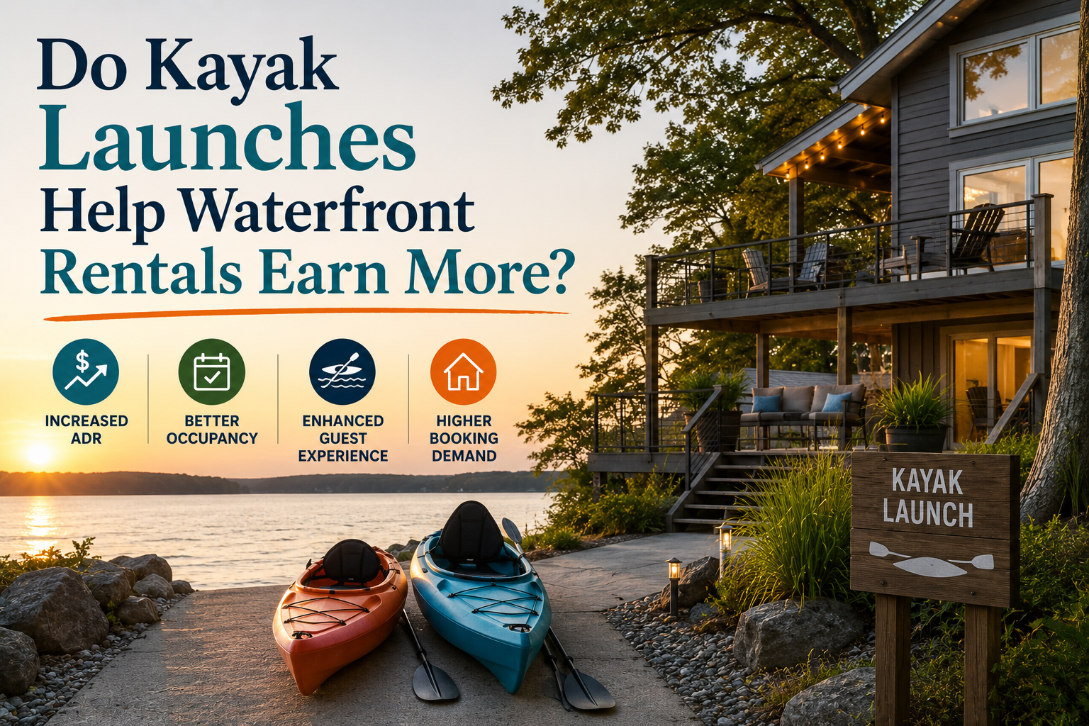 Kayaks by a lakeside cabin with text: “Do Kayak Launches Help Waterfront Rentals Earn More?”