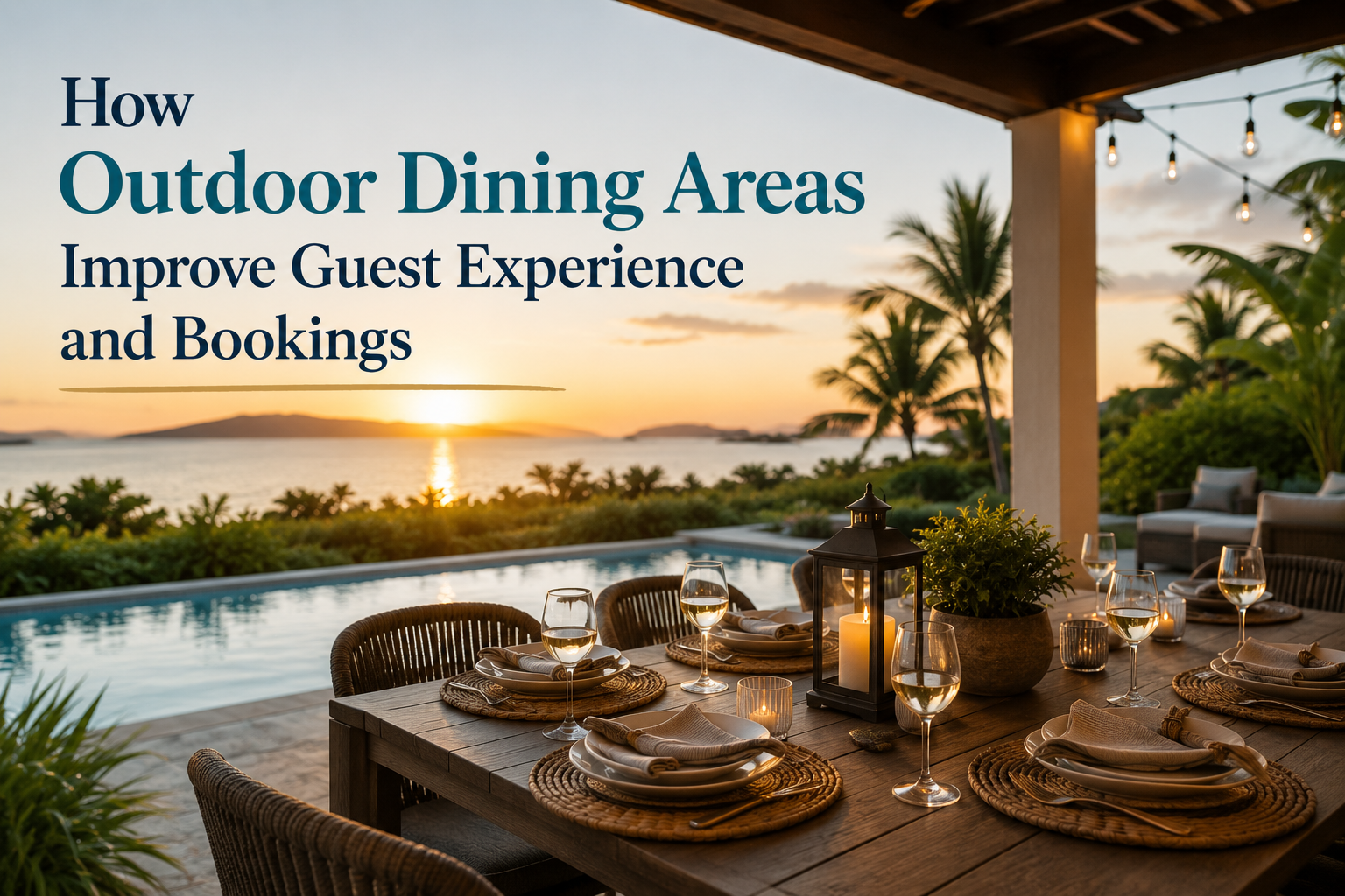 Luxury outdoor dining table by a pool at sunset with text about improving guest experience and bookings