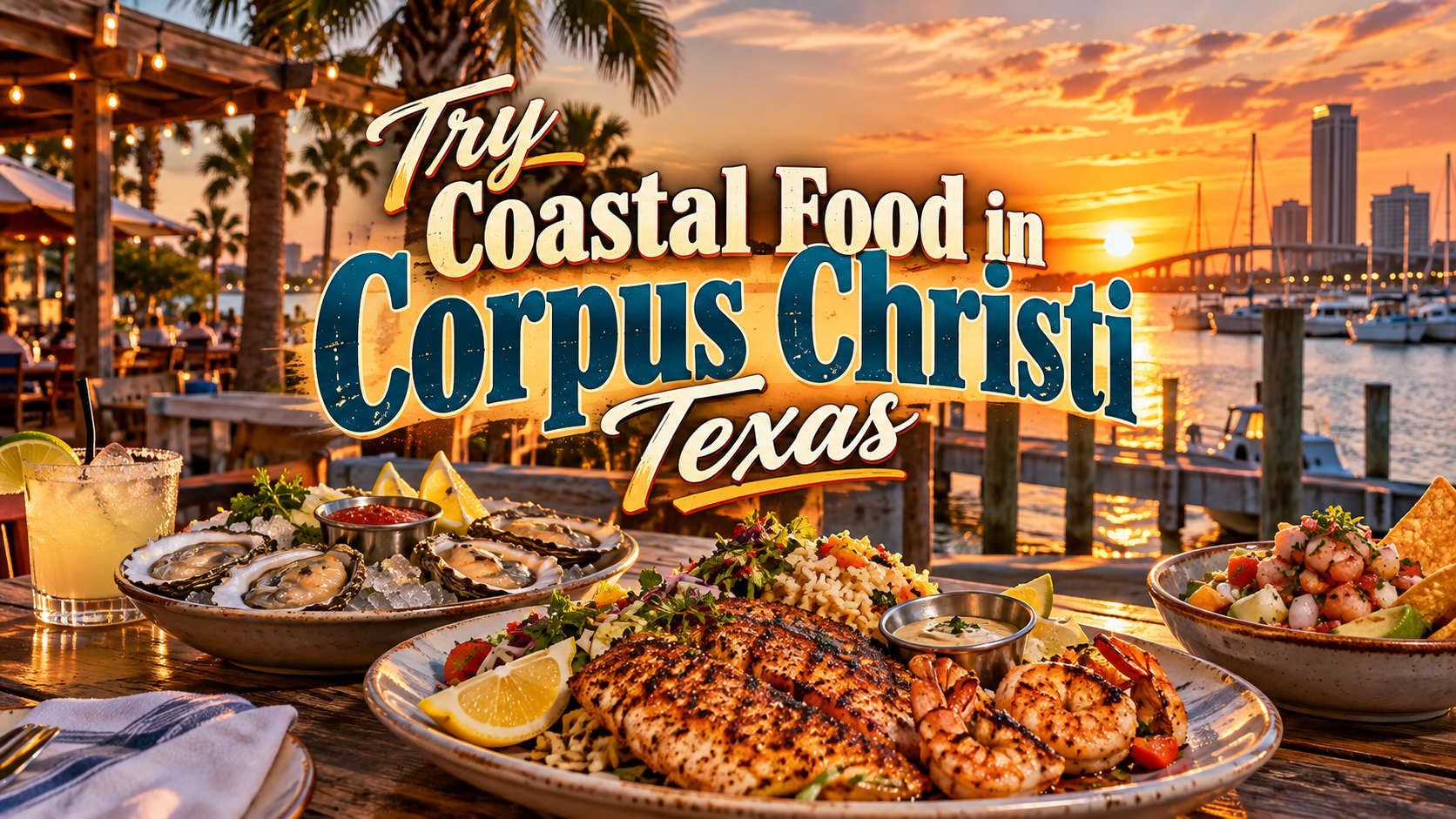 Corpus Christi waterfront dining at sunset with seafood plates and skyline view, promoting coastal food in Texas