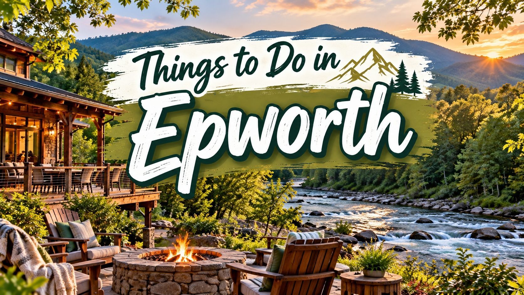 Mountain cabin resort by a river with ad text “Things to Do in Epworth”