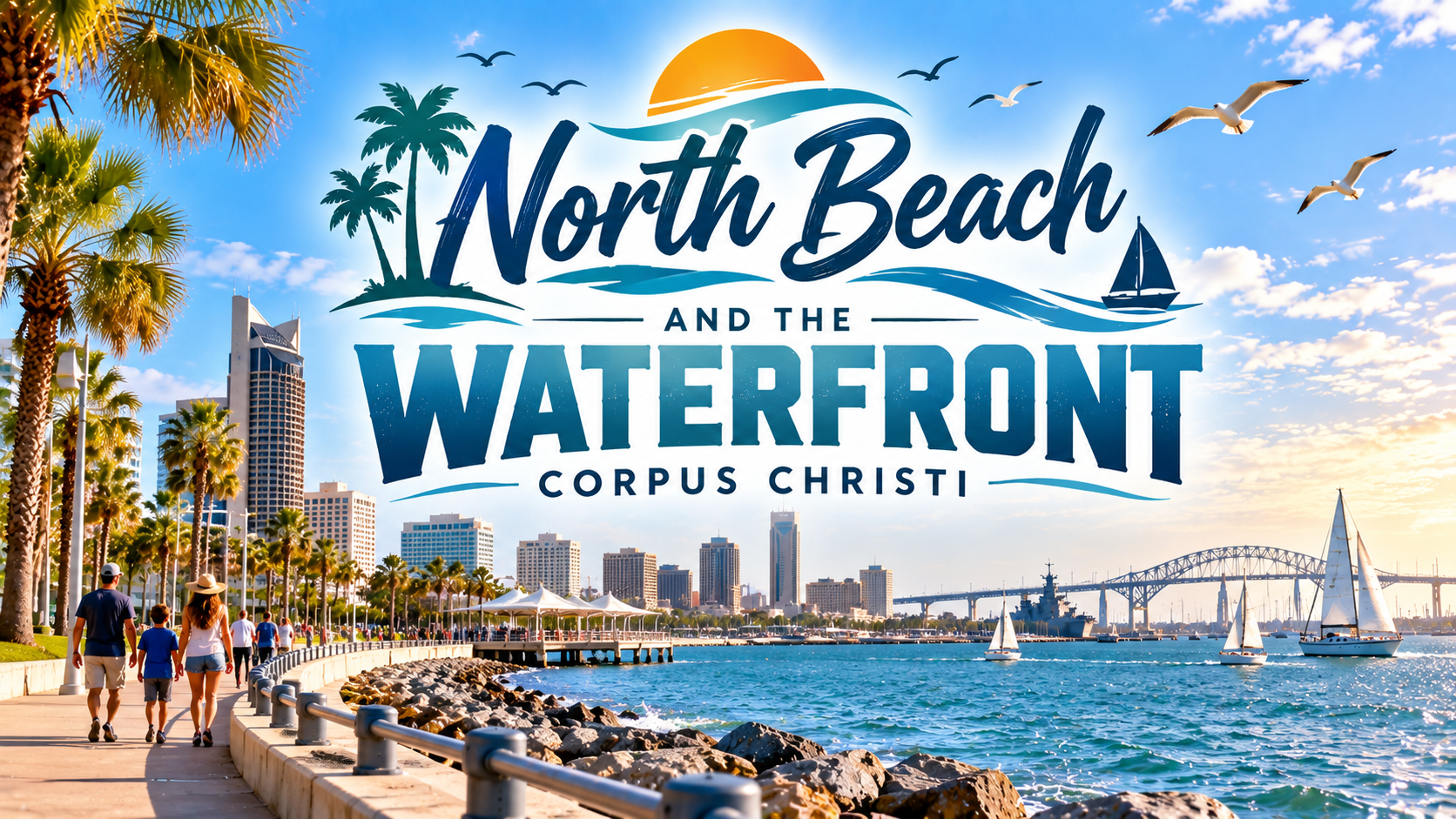 North Beach and the Waterfront, Corpus Christi, with palm trees, boardwalk, skyline, and sailboats