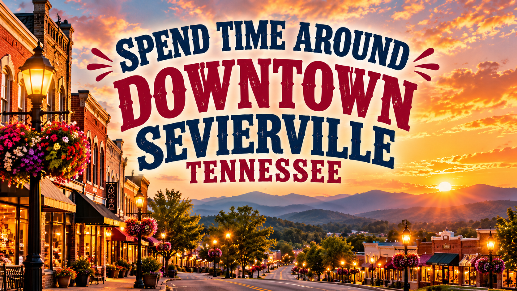 Downtown Sevierville, Tennessee sunset skyline with bold travel text and colorful city lights