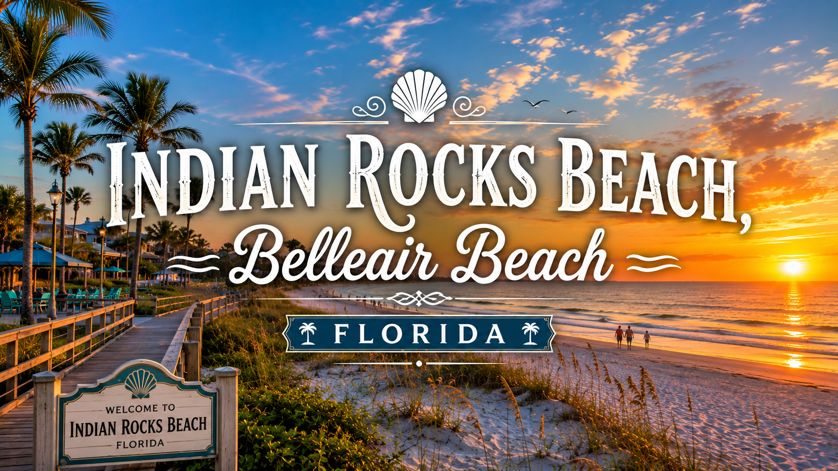 Indian Rocks Beach, Belleair Beach Florida sign at sunset by the beach and palm trees