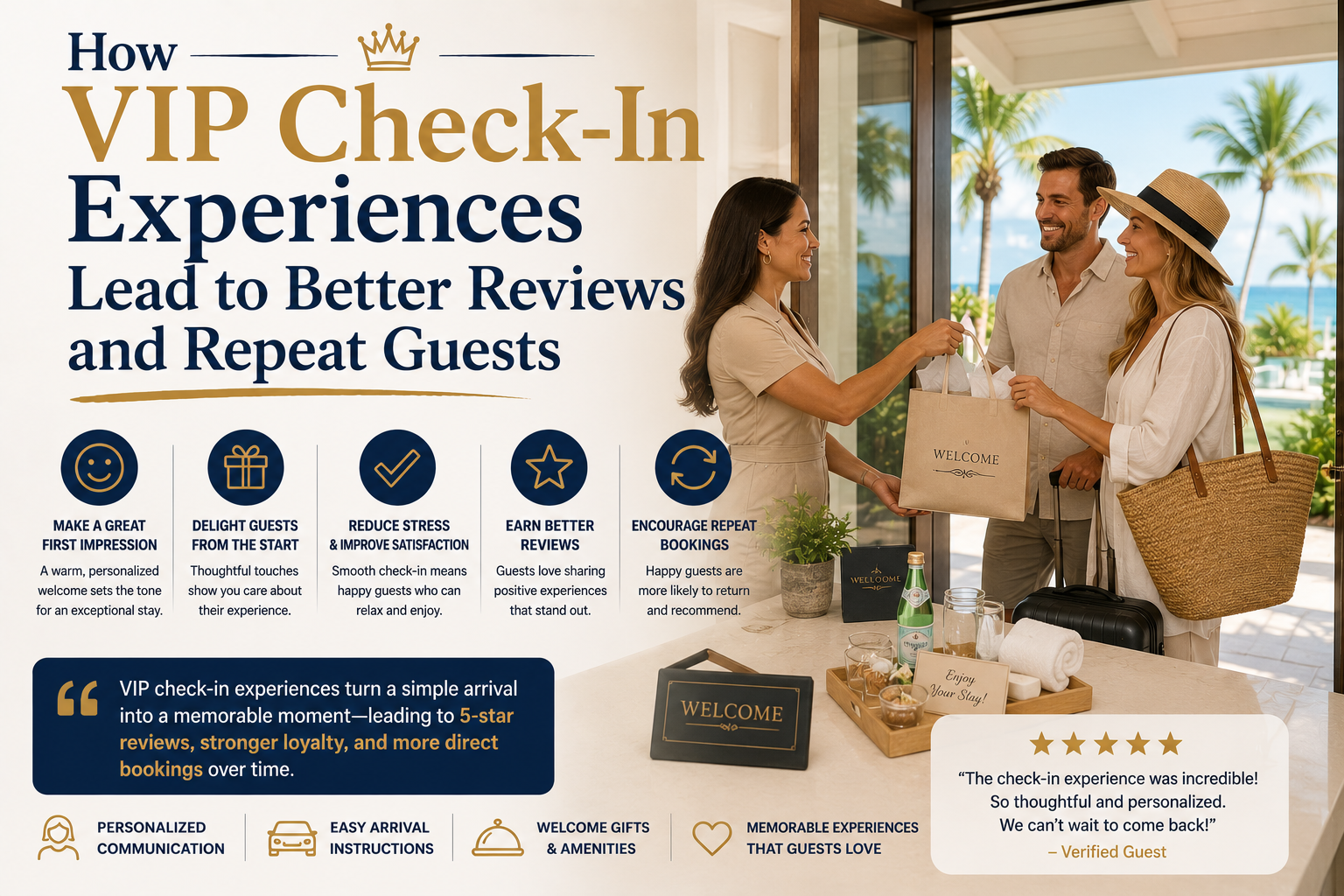 VIP check-in infographic with concierge greeting a guest at a hotel entrance