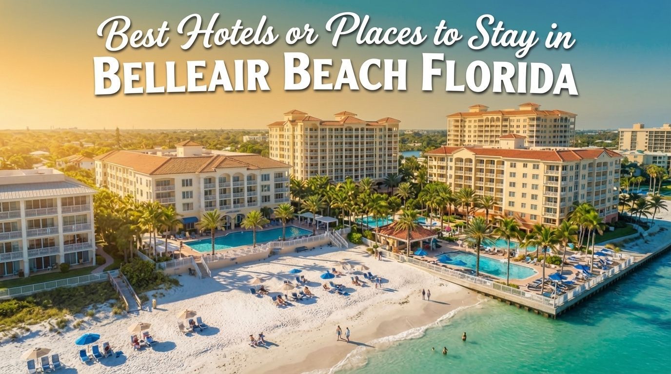 An aerial view of beachside resorts in Belleair Beach, Florida, with text overlaying the sky.