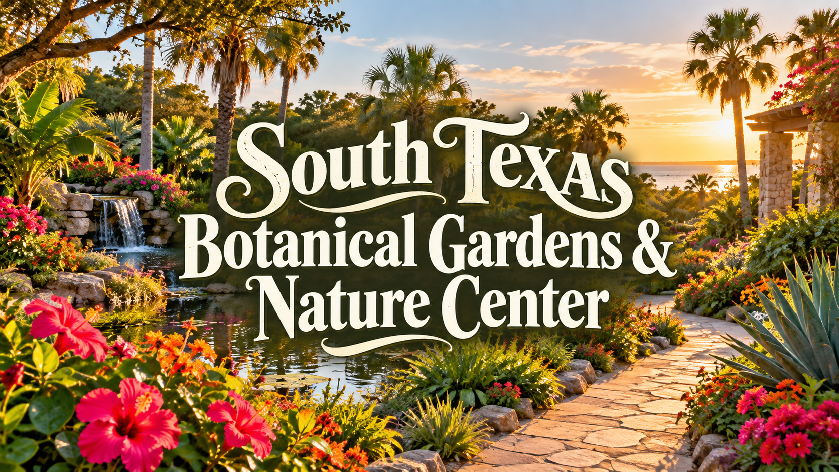 South Texas Botanical Gardens & Nature Center sign amid colorful tropical flowers and palm trees