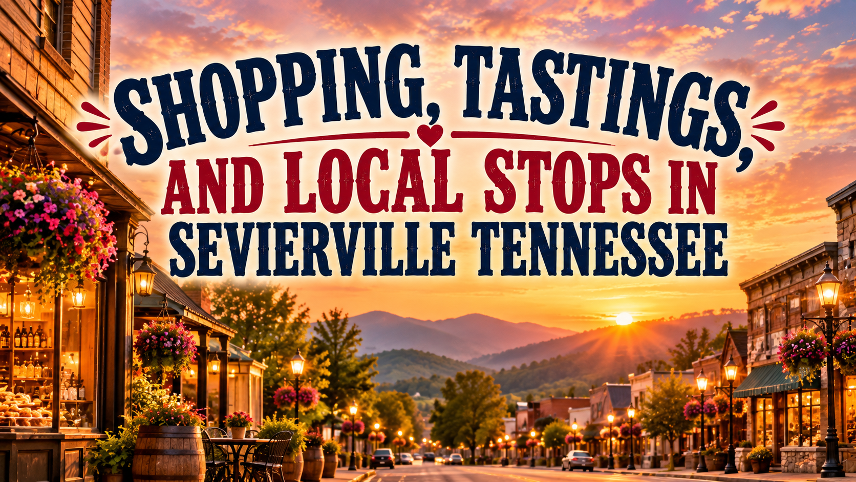 Colorful banner reading “Shopping, Tastings, and Local Stops” over a Sevierville, Tennessee street at sunset