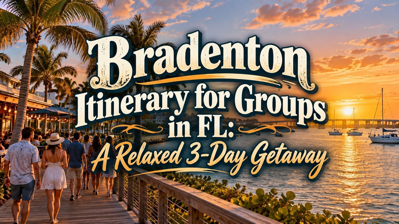 Bradenton group itinerary at sunset on a waterfront boardwalk, “A Relaxed 3-Day Getaway”
