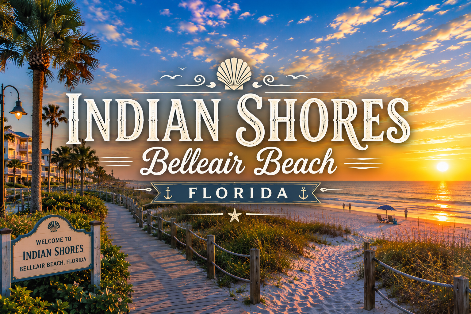 Indian Shores Belleair Beach Florida sign at a sunset beach boardwalk, with dunes and palm trees
