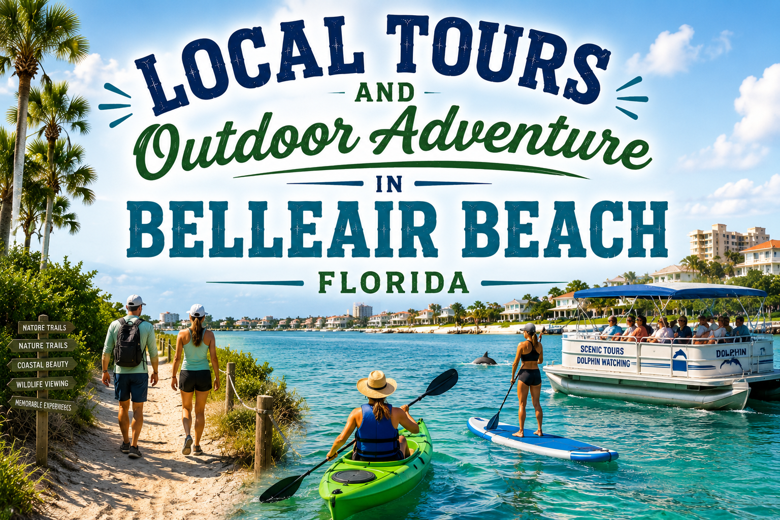 Local tours and outdoor adventure in Belleair Beach, Florida, with kayaks and a boat on turquoise water