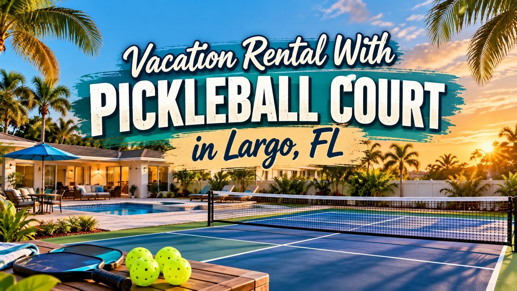 Vacation rental with pickleball court in Largo, FL at sunset with pool and palm trees
