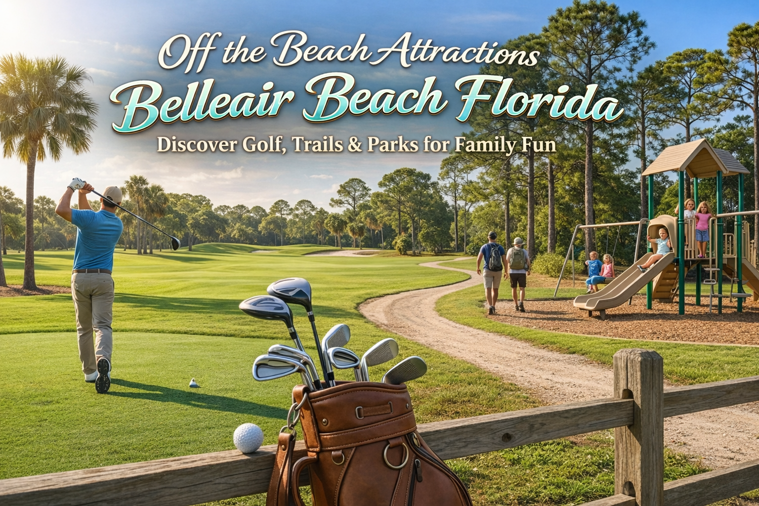 Golfers on a course and children at a playground in Belleair Beach, Florida, under a sunny sky.