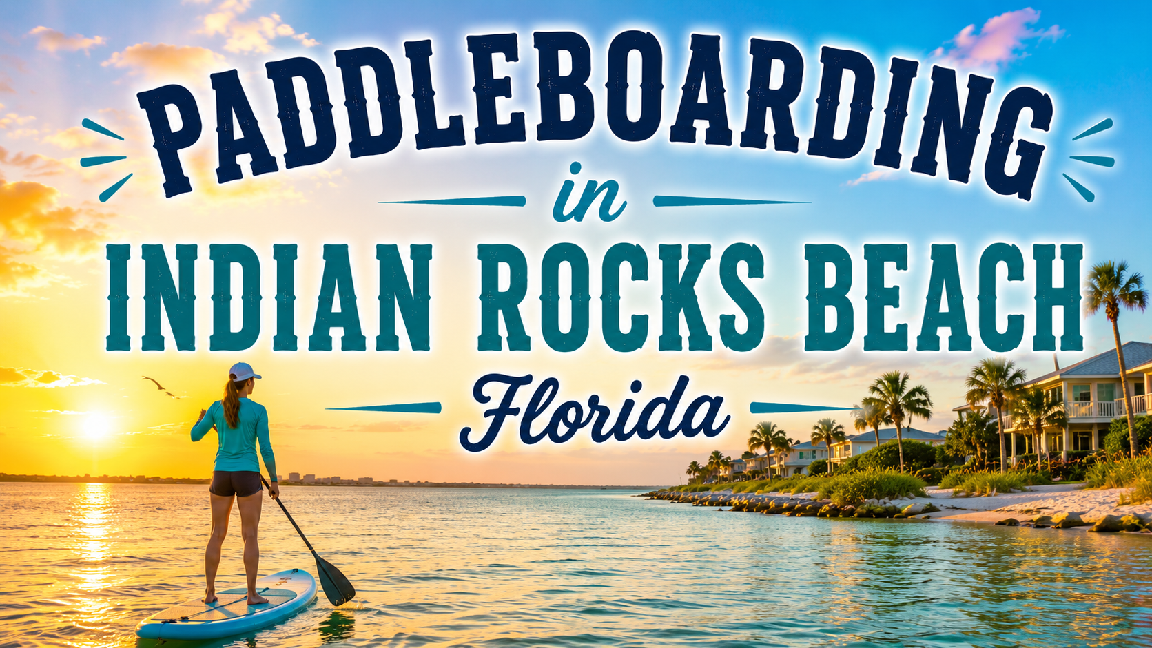 Paddleboarding at Indian Rocks Beach, Florida, with sunset water, palm trees, and a colorful tropical sign