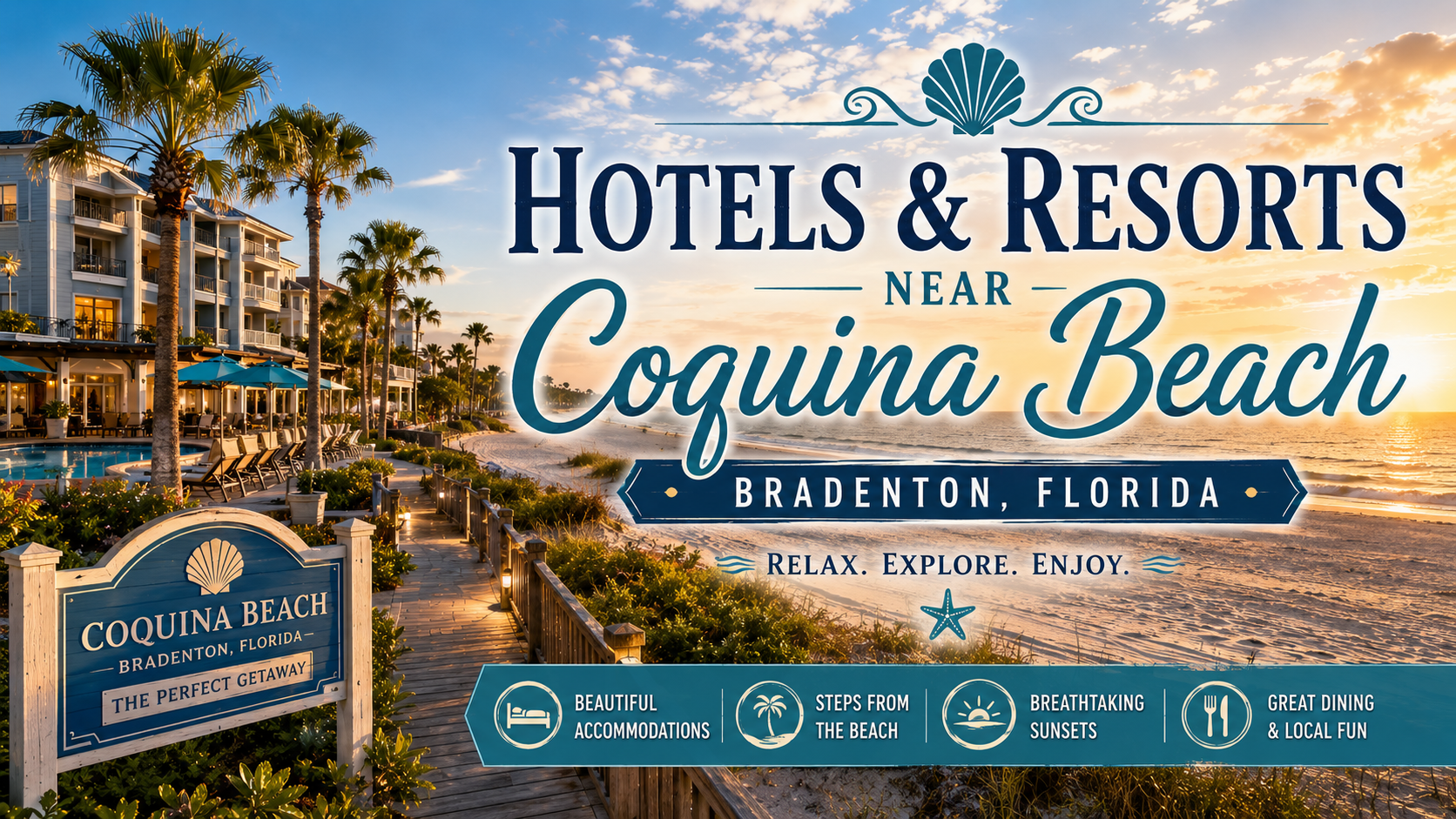 Hotels & Resorts near Coquina Beach, Bradenton, Florida, with palm trees and oceanfront resort sign